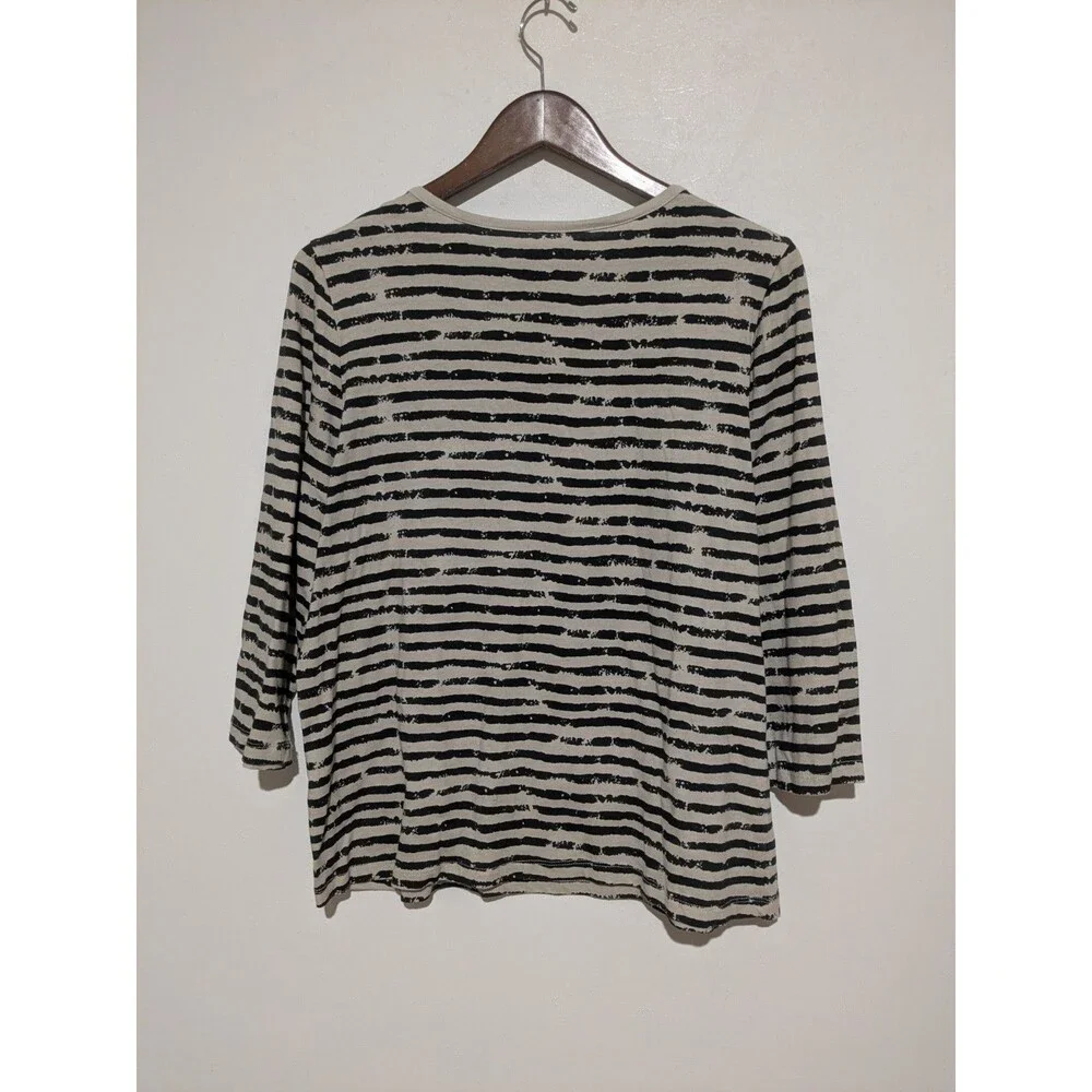 Norm Thompson Prima Womens 3/4 Sleeve Painted Striped Shirt Top L Tan Black